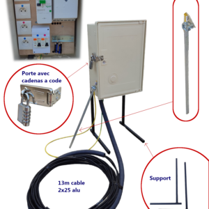 Coffret monophasé 12kva conforme ENEDIS aérien et souterrain avec 4 prises, 13m de cable, cadenas et support