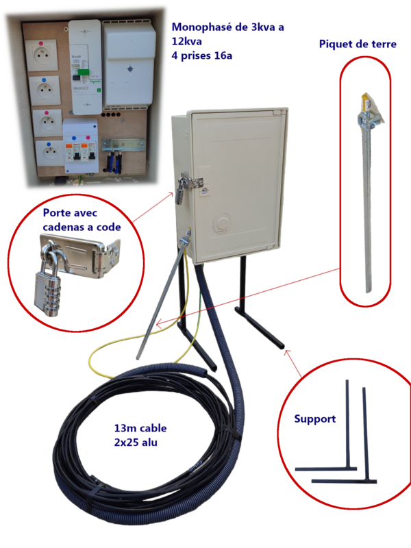 Coffret monophasé 12kva conforme ENEDIS aérien et souterrain avec 4 prises, 13m de cable, cadenas et support