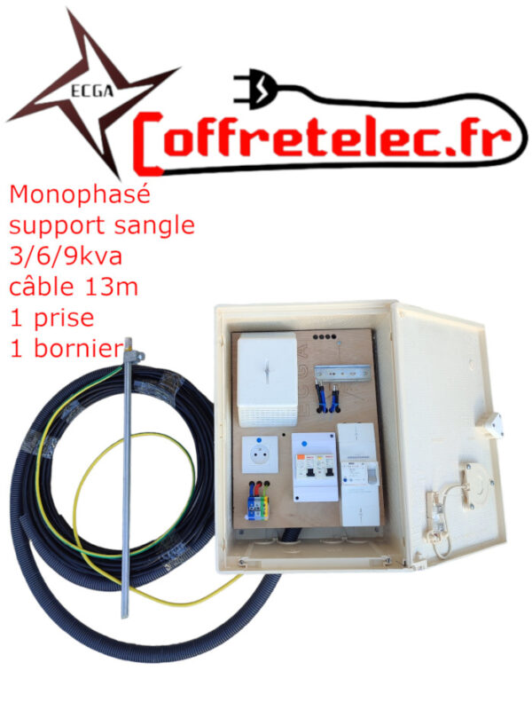 Coffret mono aérien 3/6/9kva avec une prise et un bornier + 13m de câble
